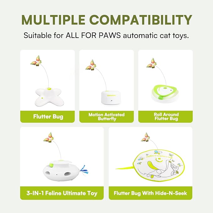 ALL FOR PAWS Butterfly Replacements for Automatic Cat Toys, Realistic Fluttering Butterfly, Upgraded Fabric Material for Durable and Continuous Play and Bat, Safe for Indoor Cats, 2Pack (Butterfly)