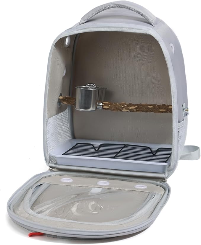 Bird Traval Carrier Cage, Multi Vent Holes Clear Space Capsule Astronaut Backpack to Carry Parakeet Cockatiel Parrot with Metal Tray Wood Perch, Vet Transport Book Bag (Grey)
