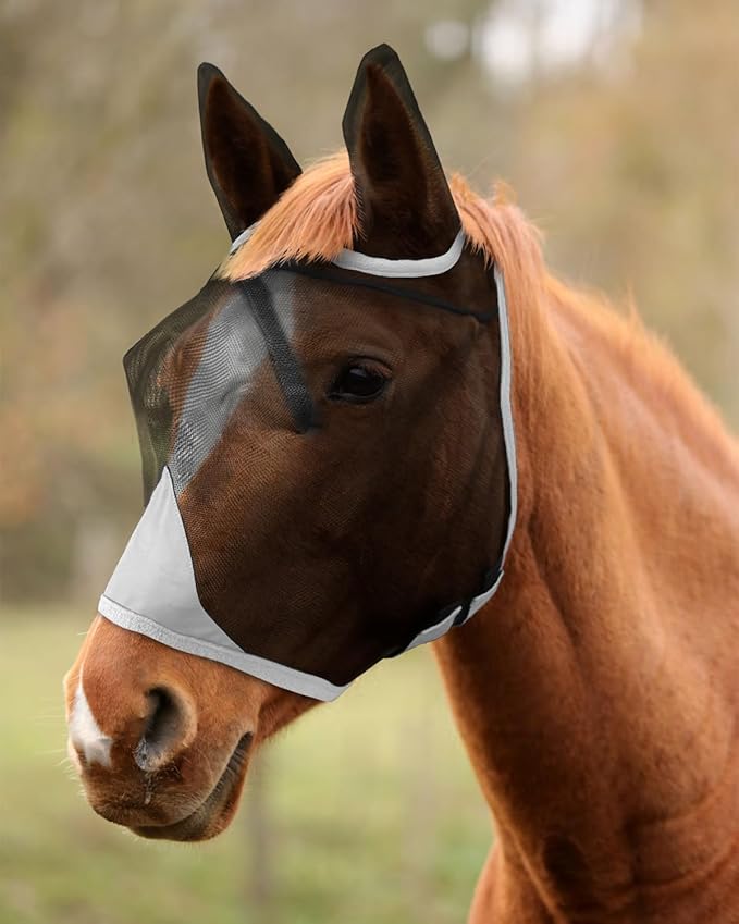 Hilltown Adjustable Fly Mask for Horse with Ears - UV-Block, Large Eye Space, Breathable, Built to Last, Comfort Fit - Horse Fly Mask for Daily Stable, Hot Weather Riding & Competition - X-Full, Grey