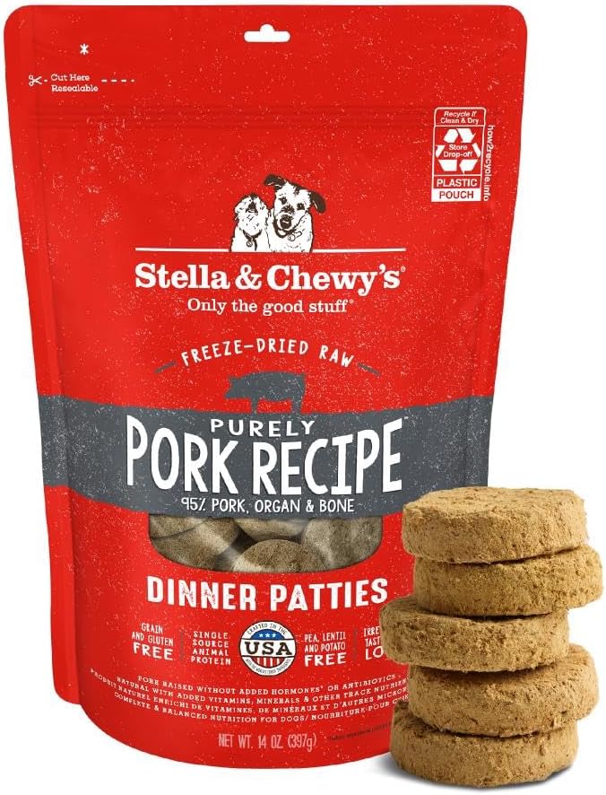 Stella & Chewy's Freeze-Dried Raw Dinner Patties - Purely Pork Recipe - High Protein Grain-Free Puppy & Dog Food - Perfect For Picky Eaters - 14 oz