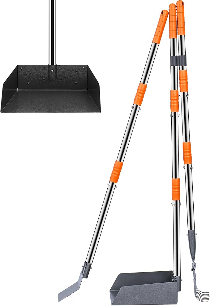 Niubya Pooper Scooper for Dogs, Metal Poop Scooper Tray Spade and Rake Set, Poop Scoop with Adjustable Long Handle, Dog Pooper Scooper for Pet Waste Removal