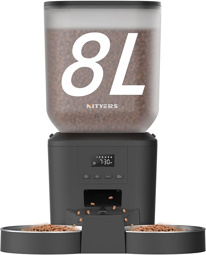 Automatic Cat Feeder for 2 Cats - 8L/34 Cups Large Capacity Auto Cat Food Dispenser with LCD Screen, 2 Food Trays, Timed Feeder, Up to 50 Portions 6 Meals Per Day, Keep Fresh