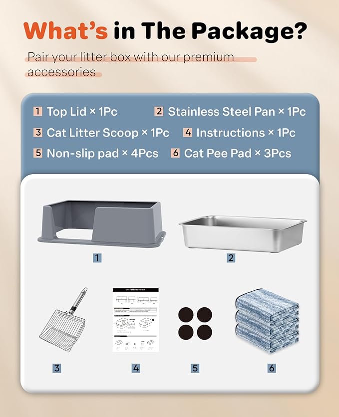 Stainless Steel Litter Box with Lid, 23.5" L x 15.8" W x 10.5" H, Large Metal Cat Box for Big Cats, High Sided Kitty Litter Box with Scoop & Pee Pads, Non-Sticky, Anti-Leakage, Easy to Clean (Gray)