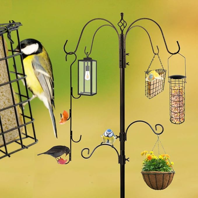 Bird Feeder Station with Suet Cage & Water Bowl Fruit Hook- Adjustable Pole, 6 Hanging Hooks for Wild Birds, Outdoor Garden Bird Feeding Kit