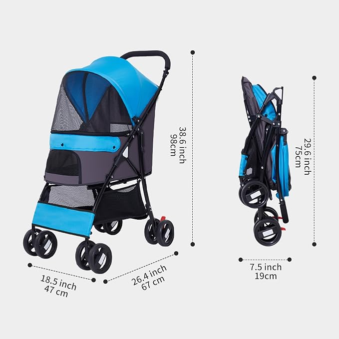 Sunny Sonny Foldable Jogger Pet Stroller with Weather Cover Storage Basket Pet Travel Carrier for S/M Dogs Cats up to 33lbs (Blue)