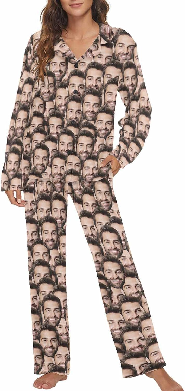 MyPupSocks Custom Face Pajamas for Women Set, Personalized Photo Long Sleepwear XS-XXL