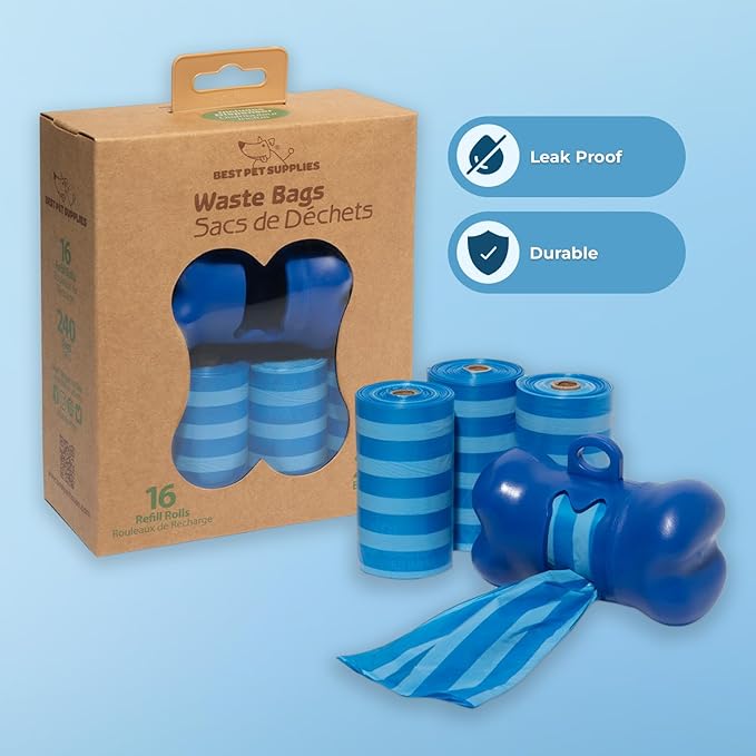 Best Pet Supplies Dog Poop Bags (240 Bags) for Waste Refuse Cleanup, Doggy Roll Replacements for Outdoor Puppy Walking and Travel, Leak Proof and Tear Resistant, Thick Plastic - Blue Strips