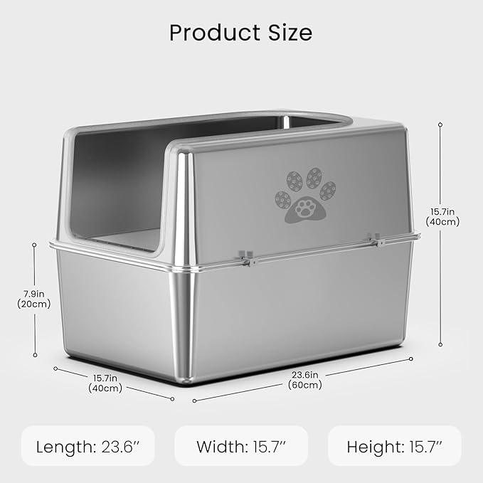 Enclosed Stainless Steel Cat Litter Box with Lid, XL Metal Litter Box for Big Cats, Extra Large Cat Toilet with High Side, Non-Stick, Anti-Leakage, Odorless, with Cats Litter Mat & Litter Scoop