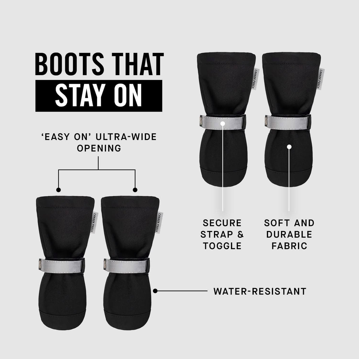 Canada Pooch Dog Winter Boots - Paw Protection, Anti-Slip Dog Shoes with Reflective Strap, Easy On for Small Medium Large Dog Booties - Black, Size 5