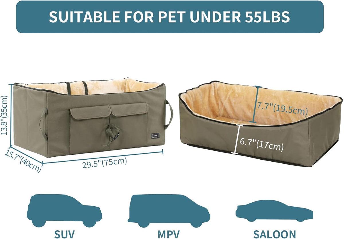 Petsfit Dog Booster Seat For 2 Small Dogs or Medium Dog up to 45 lb, Large Dog Car Seat With 2 Big Pockets for Cars, Trucks and SUVs (Large, Dark Brown)