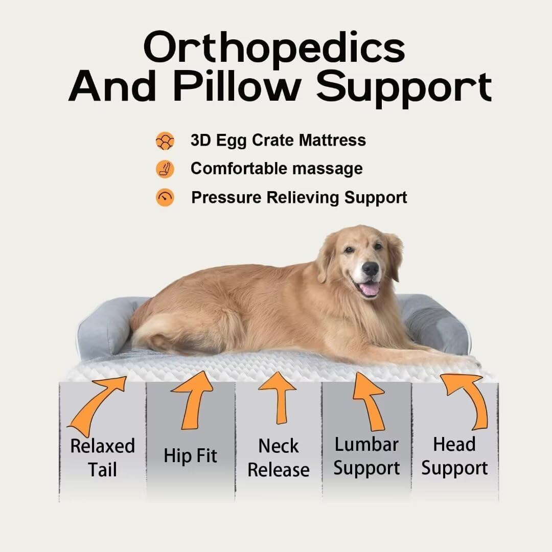 Large Dog Bed Orthopedic Washable, Big Large XXXLarge Dogs, Orthopedic Grey Extra Dog Bed with Waterproof Cover and Removable Egg Foam, Couch Bed Bolster