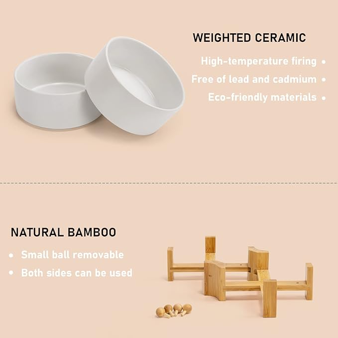 SPUNKYJUNKY 15° Slanted Ceramic Dog and Cat Bowl with Wooden Stand, Tilted Bulldog Food and Water Bowl No Slip Non-Spill for Cats Medium Dogs Big Face Pets 28.7 OZ (3.6 Cups, White × 2)