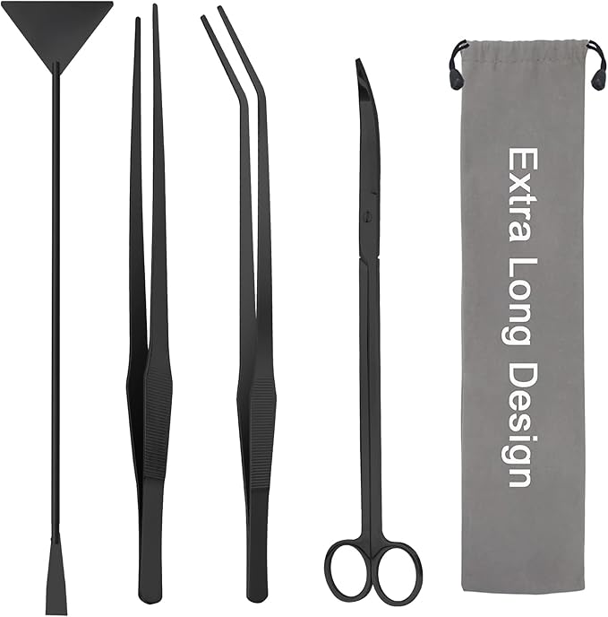 Aquarium Aquascape Tools Kit 15in, 4 in 1 Anti-Rust Aquatic Plant Aquascaping Tool Stainless Steel Tweezer Scissor Spatula for Aquarium Tank Clean Fish Tank Aquascape Accessories Set (black)