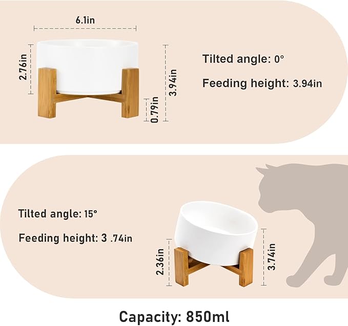 SPUNKYJUNKY 15° Slanted Ceramic Dog and Cat Bowl with Wooden Stand, Tilted Bulldog Food and Water Bowl No Slip Non-Spill for Cats Medium Dogs Big Face Pets 28.7 OZ (3.6 Cups, White)