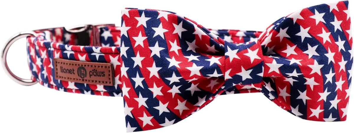 Lionet Paws Patriotic Dog Collar with Bowtie, 4th of July, Soft and Comfortable, Adjustable Collar for Small Dogs, Neck 10-16 inches