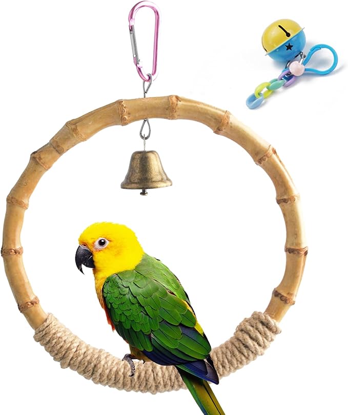 Bamboo Ring Bird Swing Perch,Large Circle Cage Hanging Toys,Bird Perch Climbing Toy Steady Natural Birds Hemp Rope Swings for Budgie,Cockatiels,Conures,Finches,Small Parakeets