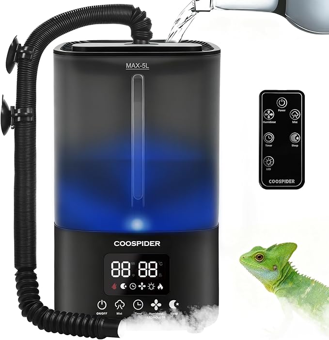Coospider 5L Reptile Fogger Humidifier, Automatic Humidifiers for Reptiles Tank, Terrarium Humidifiers with Timer and Humidity Control, Reptile Misting System for Reptiles Amphibians Herps Vivarium
