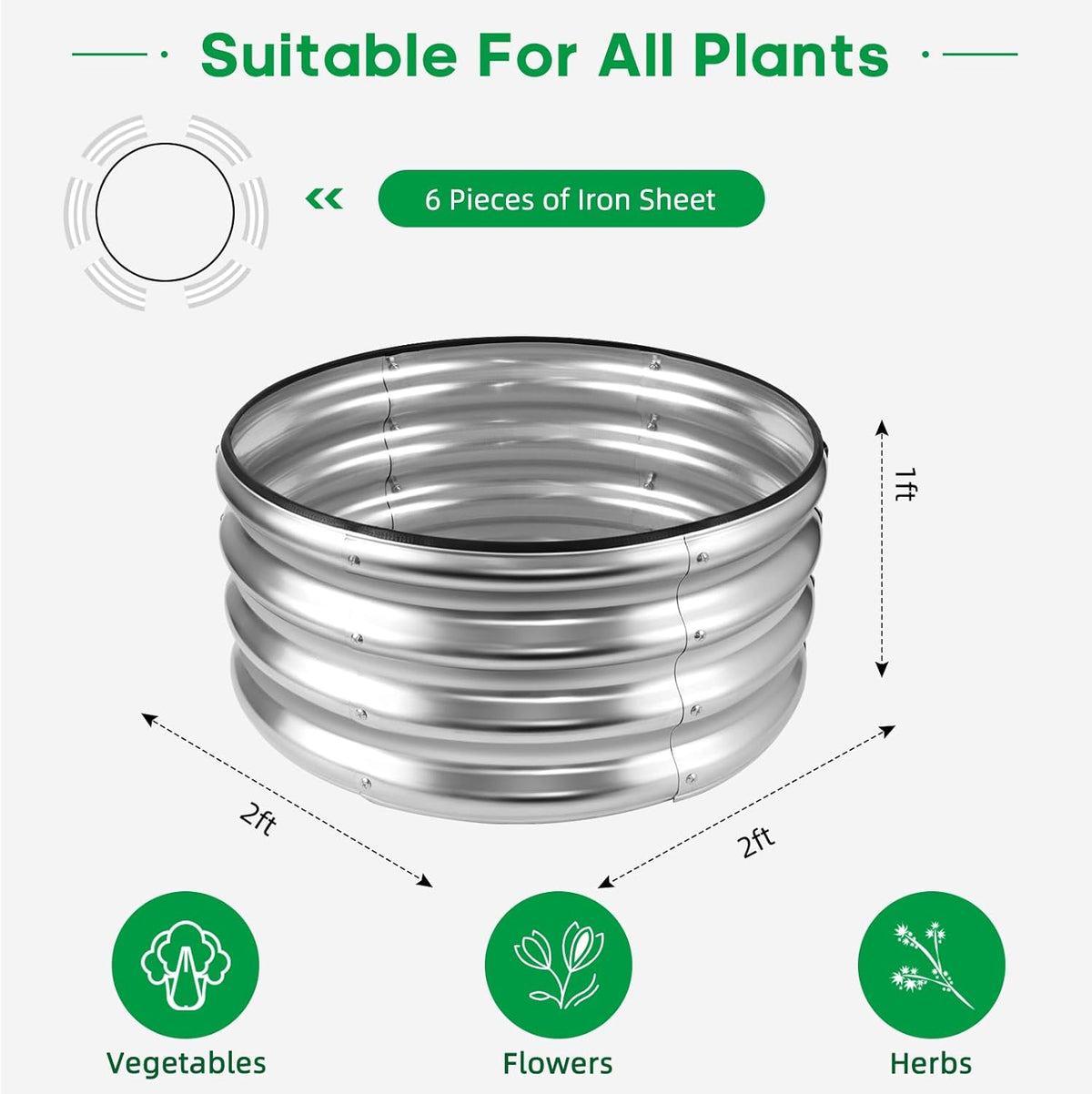 JERIA Raised Garden Bed,Galvanized Raised 2 PCS 2×2×1ft Planter Boxes Outdoor with Easy Assembly, Round Garden Bed for Vegetables, Fruits, Flowers