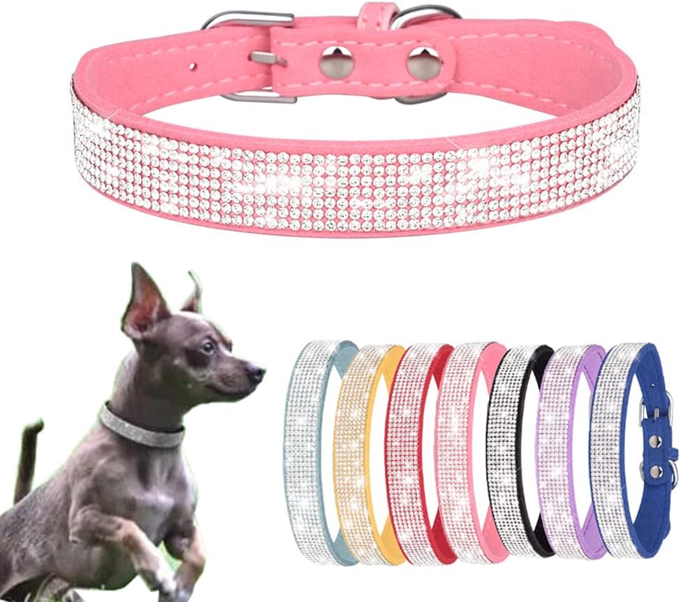 XXS Dog Collar with Rhinestones, Glitter Diamond Fancy Crystal Pretty Jewel Pet Bling Puppy Collars for XXS XS Small Medium Large Breed Female Dogs Girl Cats Kitten, Pink XXSmall