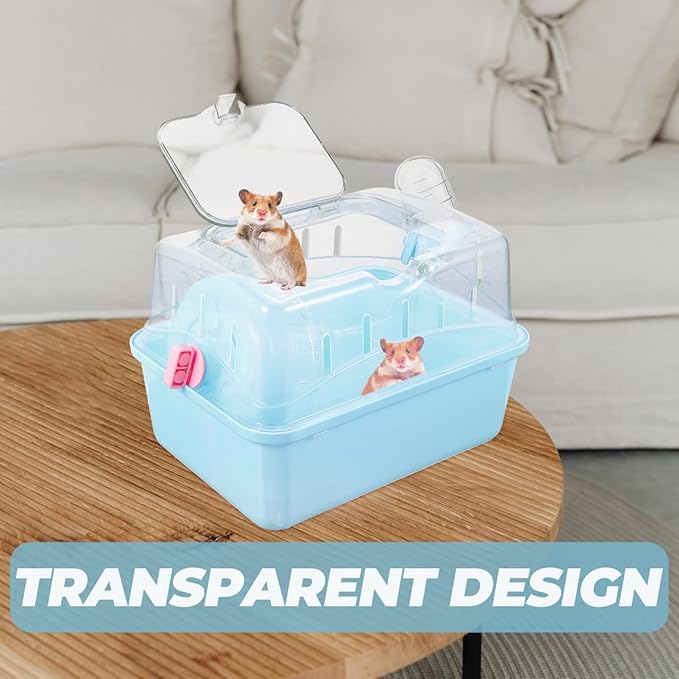 POPETPOP Small Animal Carrier Cage with Water Bottle - Portable Hamster Travel Cage with Handles for Hedgehog Hamster Rat Bearded Dragon Ferret Chinchillas (Sky-Blue) 11"*6.69"