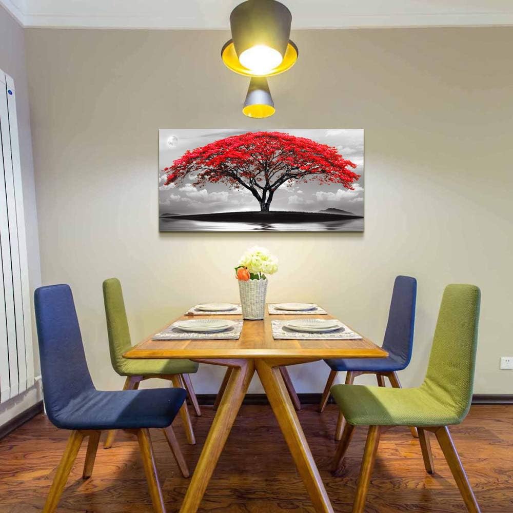 canvas wall art for living room bathroom Wall Decor Black and white landscape red tree moon scenery Hang painting Home Decorations for office bedroom kitchen Works canvas Prints pictures 24" x 48"inch