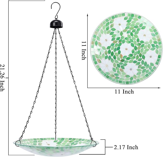 VCUTEKA Hanging Bird Bath, Glass Mosaic Bird Baths for Outdoors Birdfeeder with 21 inch Rust-Proof Chain for Garden Yard Decor