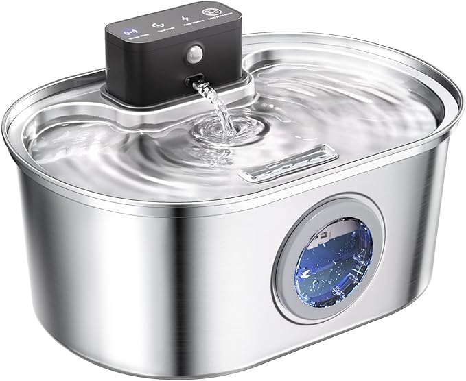 Cat Water Fountain Wireless - Stainless Steel 3.2L/108oz Cordless Pet Fountain - Battery Operated Automatic Water Dispenser for Cats Indoor, with Motion Sensor & Quiet Pump