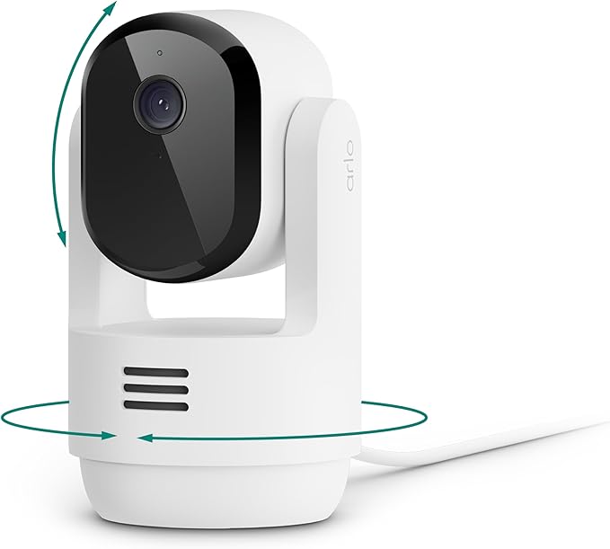Arlo Essential Indoor Pan Tilt Security Camera 2K (2025 Release) - Wired Plug-in Power, Person Recognition, Animal Detection, Animated Preview, 1-Month Secure Plan, Auto Motion Tracking, 1 Cam, White
