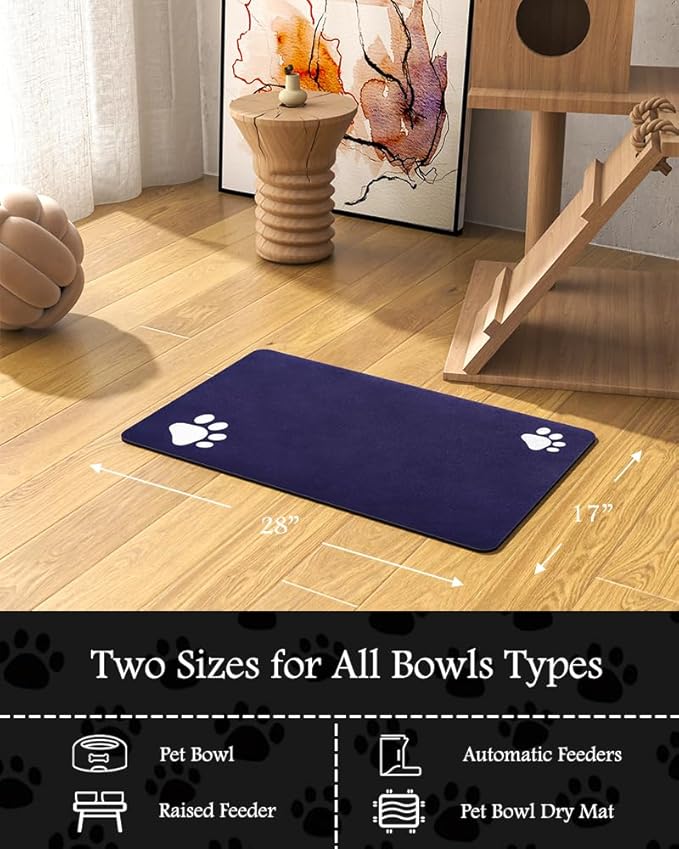 Pet Feeding Mat-Absorbent Dog Mat for Food and Water Bowl-No Stains Quick Dry Water Dispenser Mat-Dog Accessories Pet Supplies-Bowl for Messy Drinkers（Navy,17"x28"