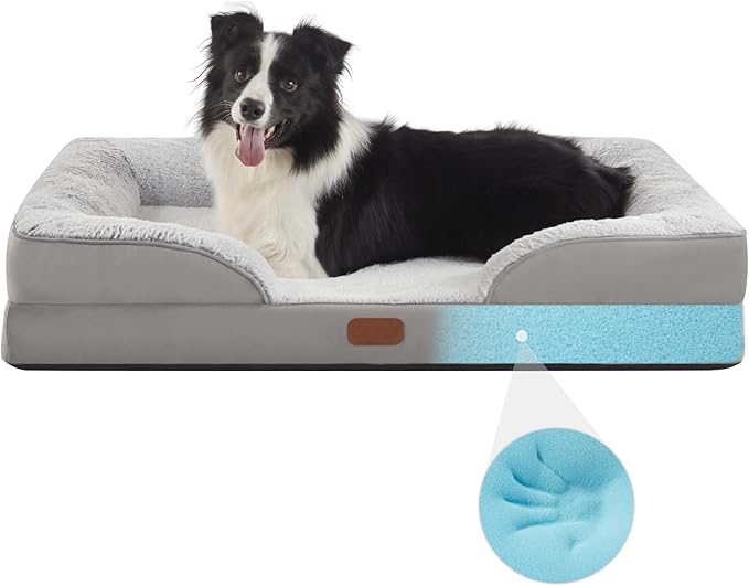 Orthopedic Dog Bed for Large Sized Dogs Waterproof Memory Foam Pet Beds with Nonskid Bottom Washable Dog Couch Bed with Washable Removable Cover Light Grey