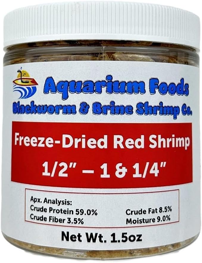 Aquatic Foods Inc. Red River Shrimp - Freeze-Dried 1/2" to 1&1/4" Red River Shrimp for Cichlids, Koi & Pond Fish, Aquatic Turtles, All Community Tropical Fish, Reptiles, Rodents…1.5oz Sm Round Jar