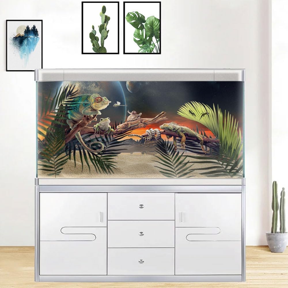 24X12IN Cosmic Aquarium Background, Cool Parallel Space Themed Fish Tank Background, Tropical Desert Terrarium Background with 8 EVA Double-Sided Tape