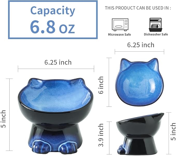 Nihow Slanted Elevated Cat Bowls: 6.25 Inch Ceramic Raised Cat Food Bowl for Protecting Pet's Spine - Microwave & Dishwasher Safe -Elegant Blue & Black (6.8 OZ /1 PC)