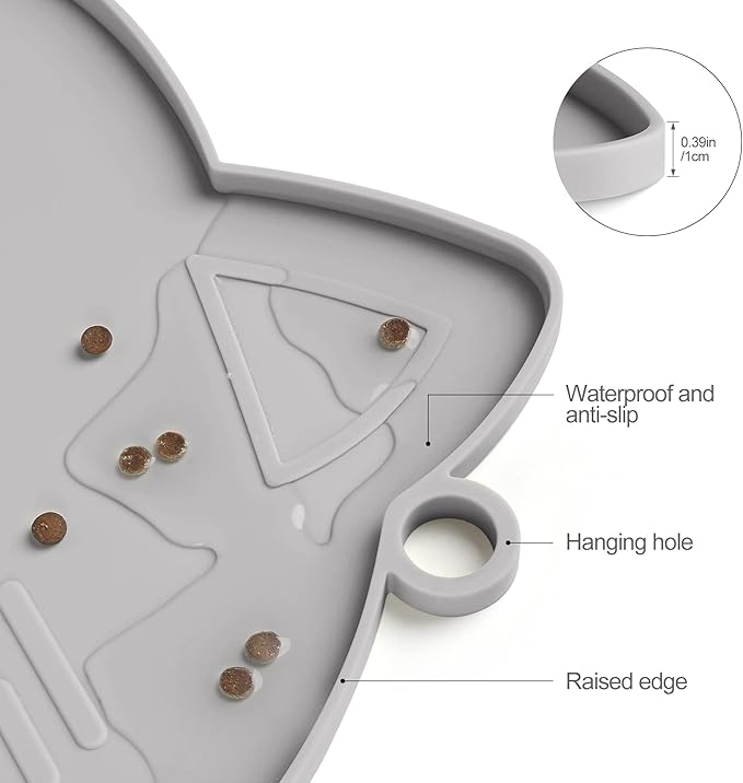 Coomazy Thicker Non-Slip Silicone Dog Mat with Raised Edge - Waterproof, Prevents Food Spills and Water Runoff (Gray, Medium)
