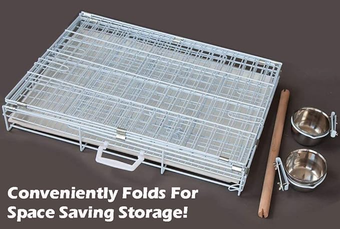 Large Portable Durable Metal Travel or Veterinary Easy Collapsable Parrot Bird Carrier Beaks Proof Carrier Cage Easy Clean Pull Out Tray Stainless Steel Feeder Bowls Natural Wooden Perch
