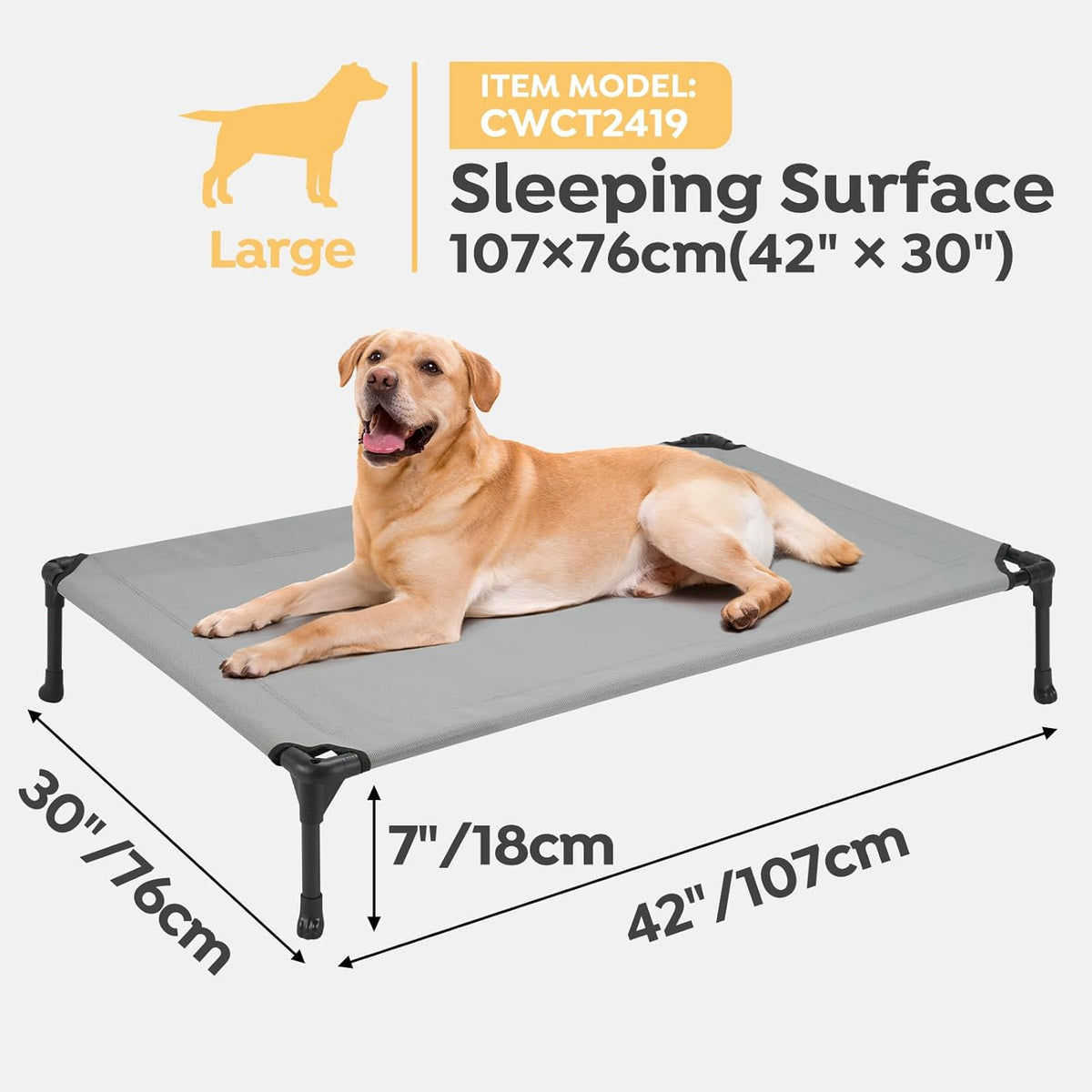Veehoo Raised Dog Bed - Cooling Elevated Pet Cot with Mesh, No-Slip, Durable for Large Dogs, 42" x 30", Grey, CWC1803-L