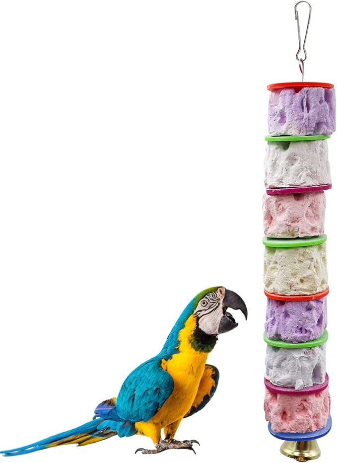 Large Bird Chewing Toy, Colorful Parrot Beak Grinding Calcium Stone with Bells, Bird Cage Accessories, Cage Toys for Cockatiel Parakeet Budgies Rat Hamster Chinchilla Rabbit Bunny African Grey(1 Pack)