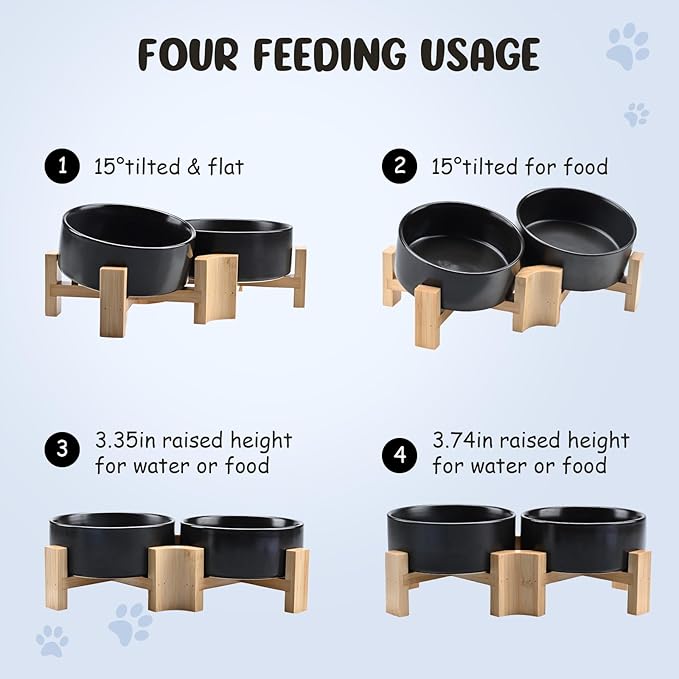 SPUNKYJUNKY 15° Slanted Ceramic Dog and Cat Bowl with Wooden Stand, Tilted Bulldog Food and Water Bowl No Slip Non-Spill for Cats Medium Dogs Big Face Pets 13.5 OZ (1.7 Cups, Black × 2)