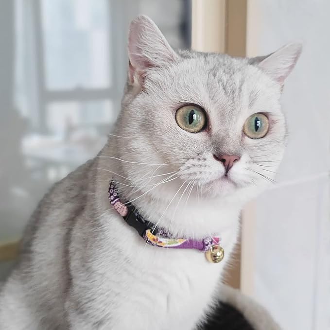 PetSoKoo Cat Collar with Kitty Face Bell. Cute Japan Chirimen Kitten Collar. Soft & Lightweight.