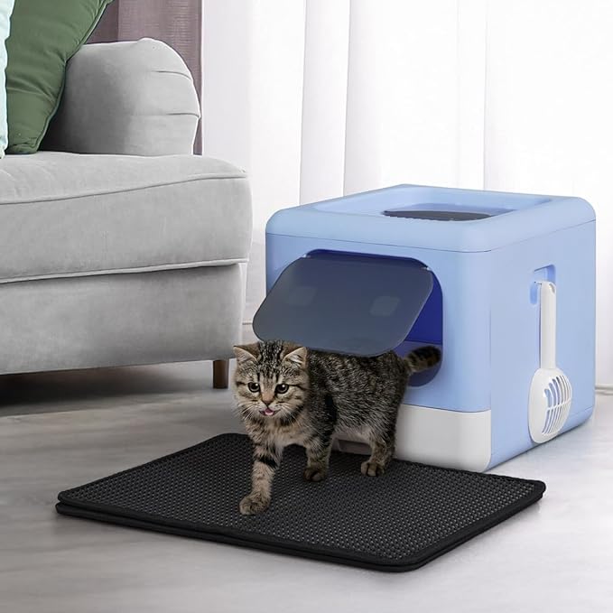 Foldable Cat Litter Box w/Lid, Scoop & Mat, Drawer Design Cat Toilet for Kitten, Two-Way Entry Kitty Litter Box, Odor Control & Easy to Clean, Blue
