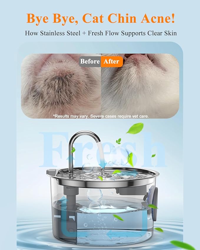 Cat Water Fountain Stainless Steel [3.2L/108oz] Large Capacity Automatic Water Dispenser for Cats Indoor with 3 Filters Kit, LED Water Level Window, Easy to Clean, Ideal for Cats Dogs Multi-Pet Home