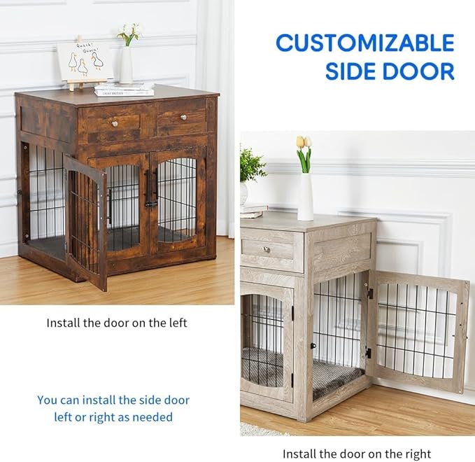 Dog Crate Furniture with Cushion,Wooden Dog Kennels Indoor with 2 Drawers,Dog Furniture Crate End Table with Storage