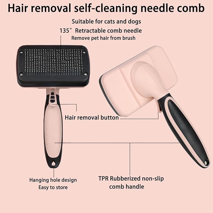 Skin-Friendly Grooming and Deshedding Brush for Dogs, Cats, and Puppies - Self-Cleaning, Easy to Use (Pink)