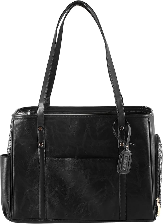 Fashion Dog Carrier Purse, Premium Leather Cat Carrier Bag, Airline Approved Soft Sided Pet Travel Tote Bag with Pockets Black