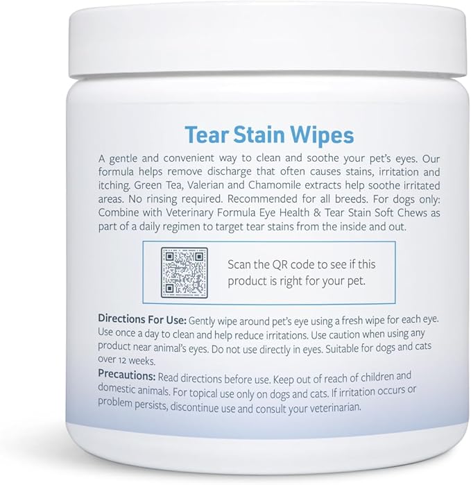 Veterinary Formula Smart Coat Complex Tear Stain Wipes for Dogs & Cats, 100 ct – Gently Wipe Away Debris and Clean Stains Around The Eyes of Pets, Fragrance-Free and Pre-Saturated