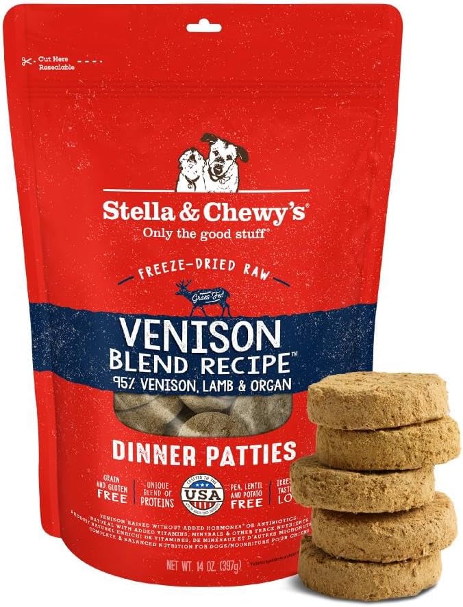 Stella & Chewy's Freeze-Dried Raw Dinner Patties - Venison Blend Recipe - High Protein Grain-Free Puppy & Dog Food - Perfect For Picky Eaters - 14 Oz