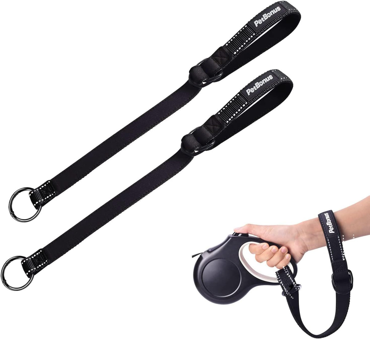 PetBonus 2 Packs Short Dog Leash, Safety Wrist Strap for Retractable Dog Leash, Reflective Design and Adjustable Soft Padded Handle, Extra Layer Security for Pet Stroller (Black, Black)