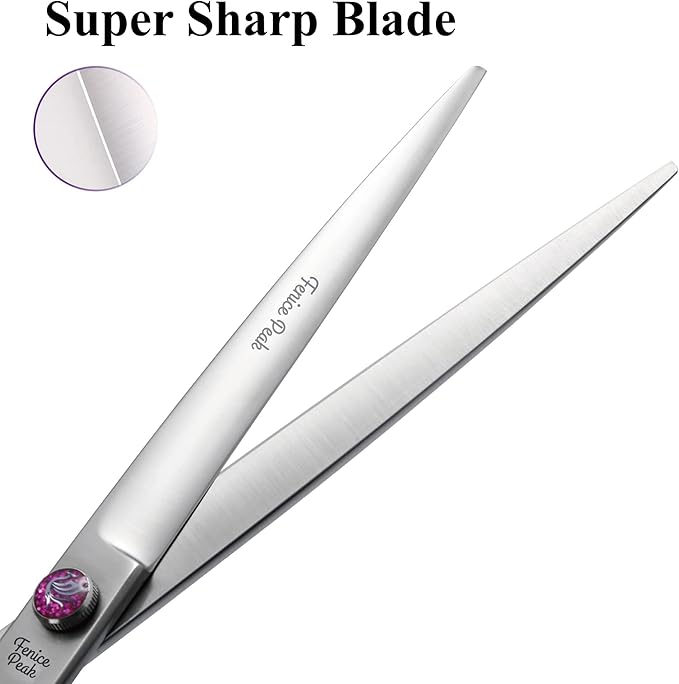 Fenice Peak 7'' Straight Dog Grooming Scissors with Purple Finger Rings and Flashing Screw Professional 440C Stainless Steel Natural Color Pet Trimming Shears with Offset Handle Durable and Sharp