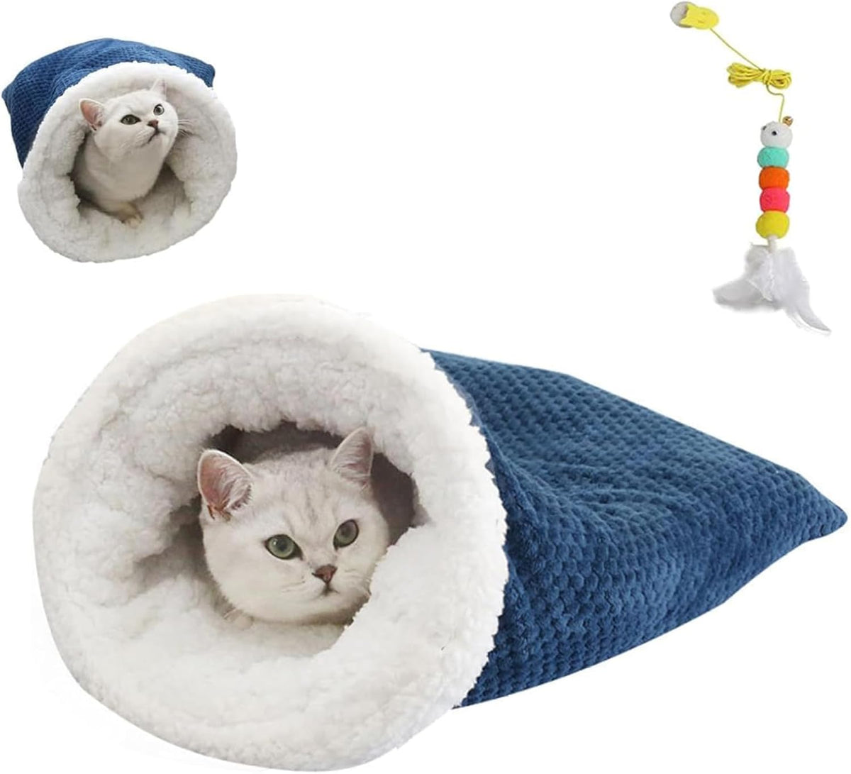 Cat Sleeping Bag for Indoor Cats - Cozy Winter Bed Cave, Warm and Soft Fluffy Washable Blanket (A)