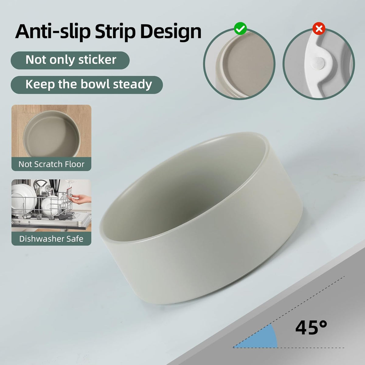 Ceramic Raised Double Bowls Set with Stand, Food & Water Bowls for Medium Breed Dogs, Weighted Dog Dishes, Pet Bowl(7.3'',41OZ, Grey)